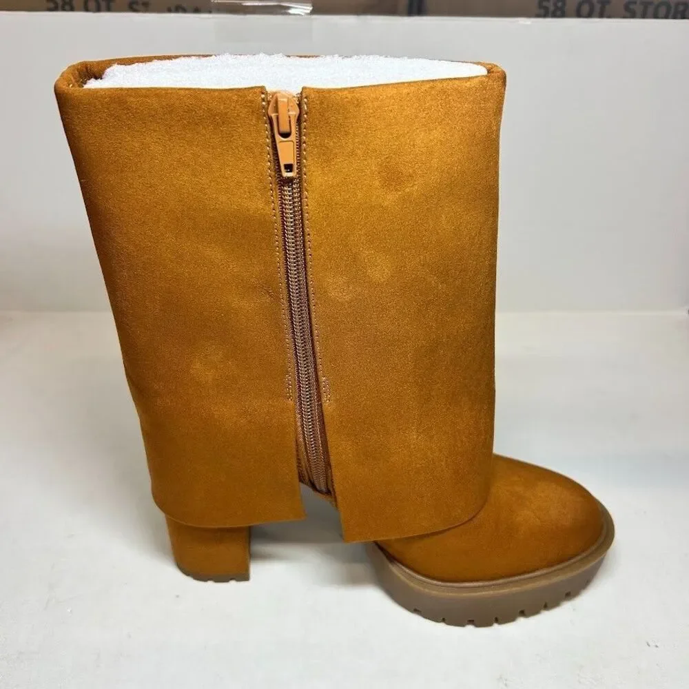 INC Womens 8.5 M Cognac Brown Acelina Cuff High Heel Platform Boots DISPLAY QJ1